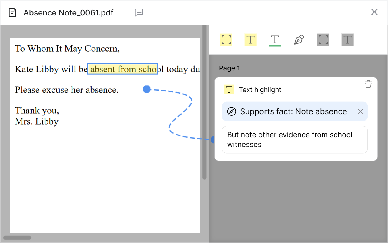 Litigaze document annotation linked to a supporting case fact