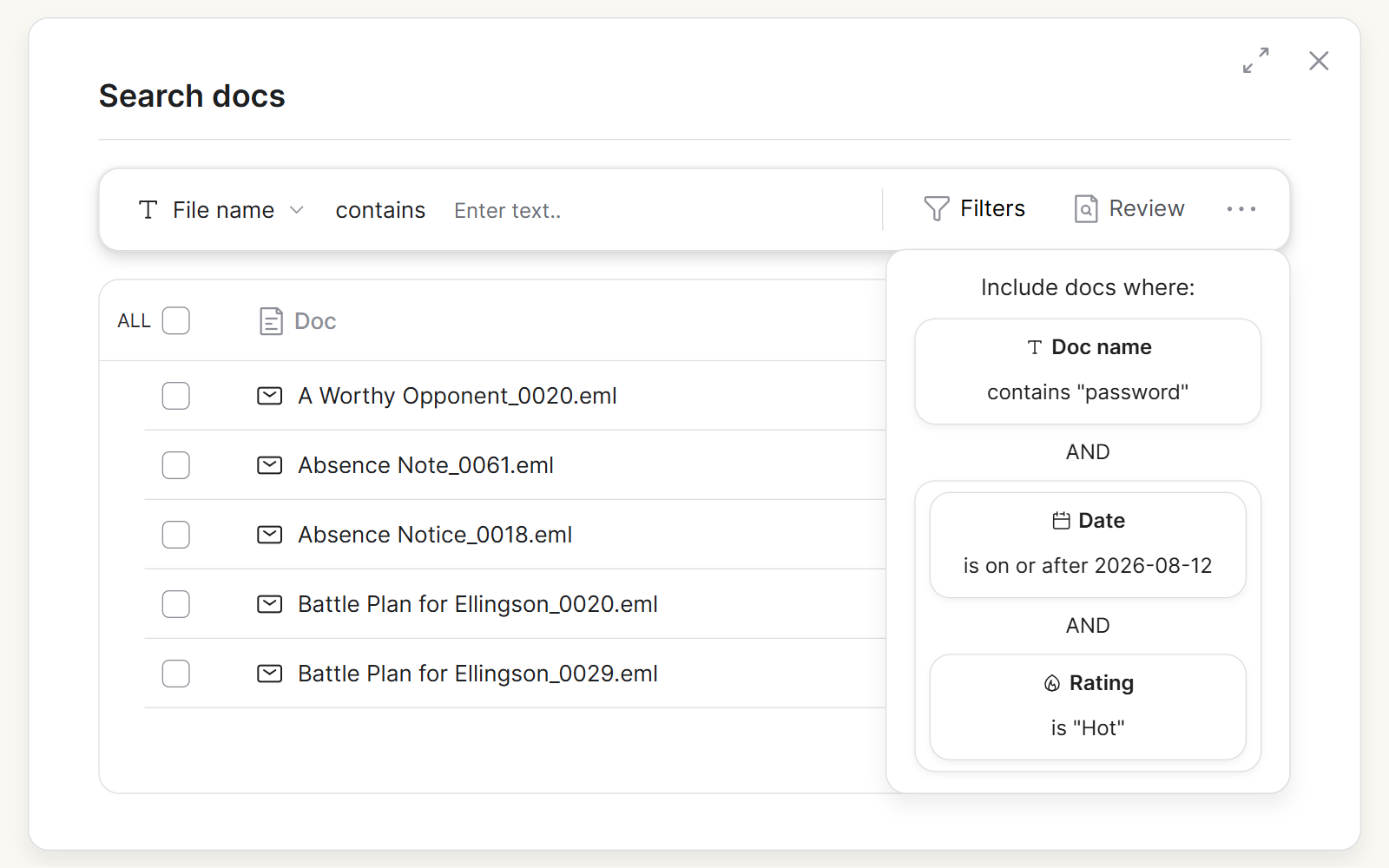 Litigaze search with filename contains and filters for password, date, and Hot rating